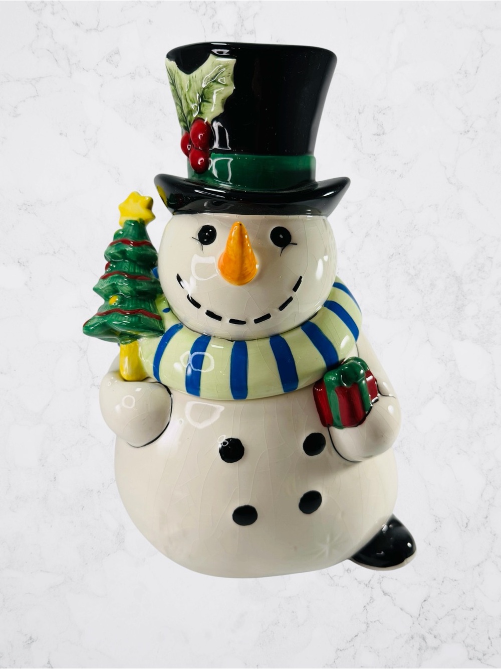 Fitz & Floyd Merry & Bright White Snowman Tree Cookie Jar Christmas Holiday READ